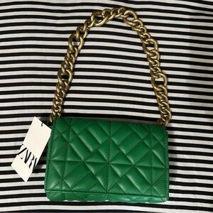 Zara Green Quilted Shoulder Bag with Gold Chain